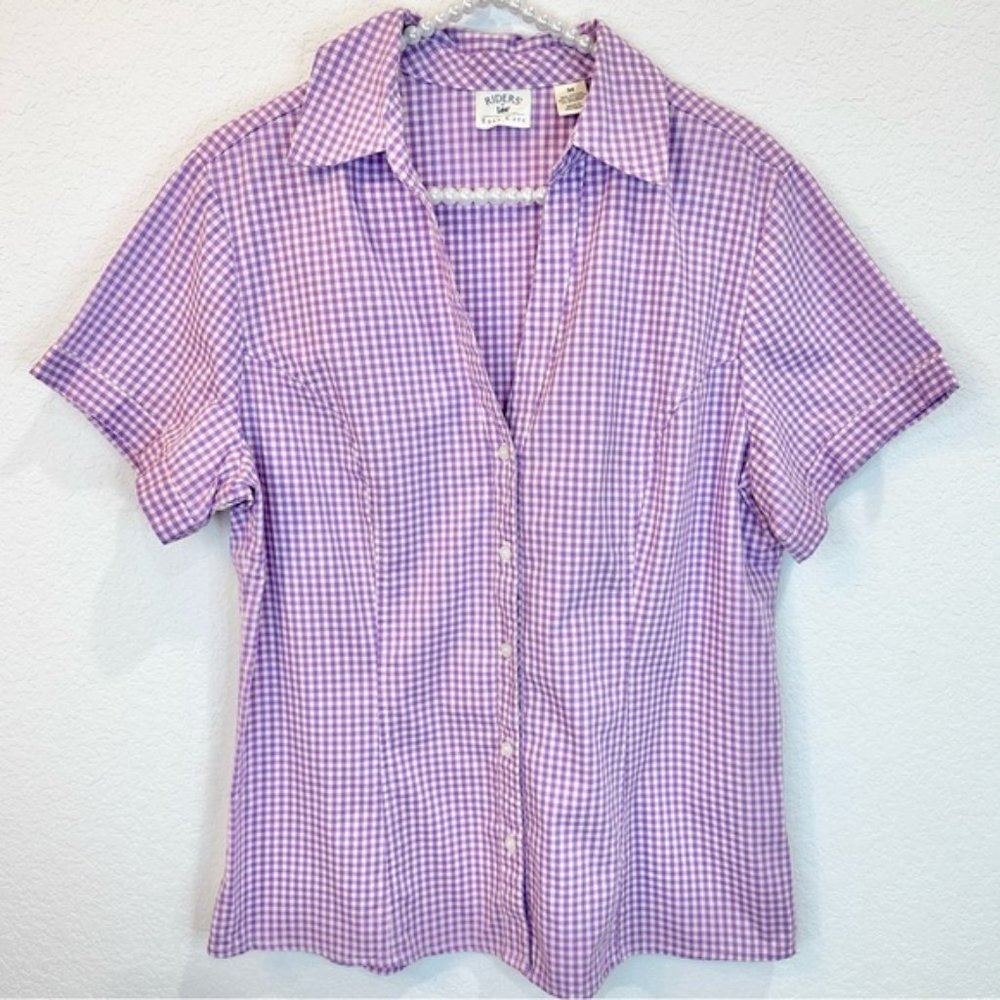 Riders by Lee Purple Lavender Gingham Short Sleeve Button Down Shirt Top Blouse - Picture 12 of 12